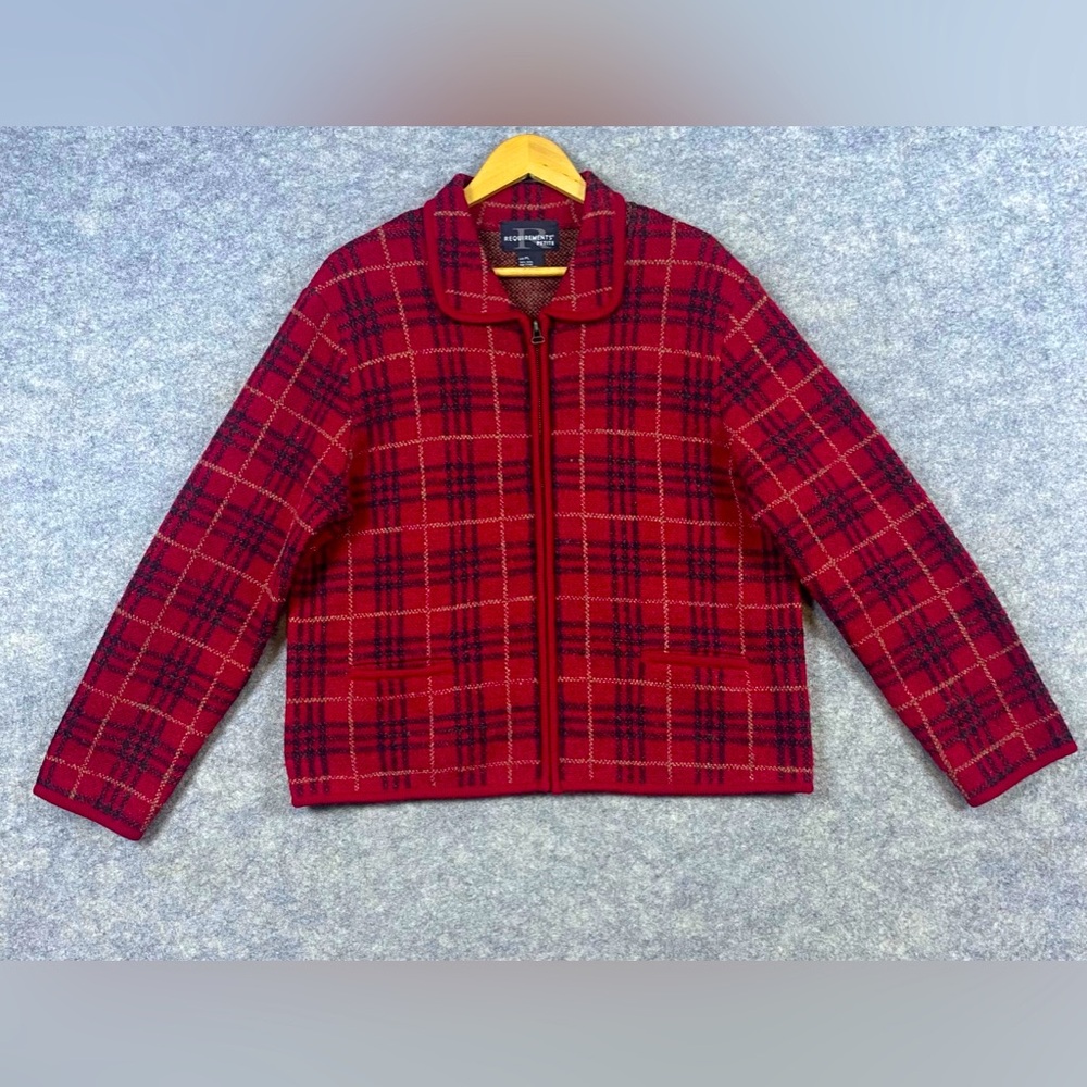 Requirements‎ 100% Wool Cardigan Sweater Jacket Women’s LP Red Plaid Front Zip